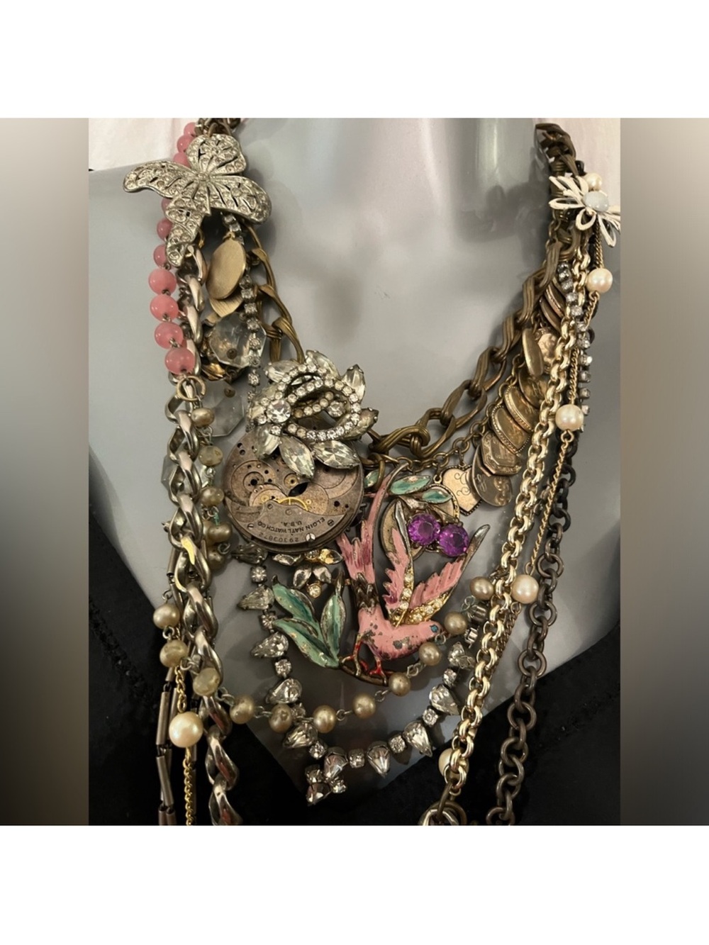 Layered Hand Made Gold Necklace with Gold Tones and Pink Floral Accents - Picture 3 of 5